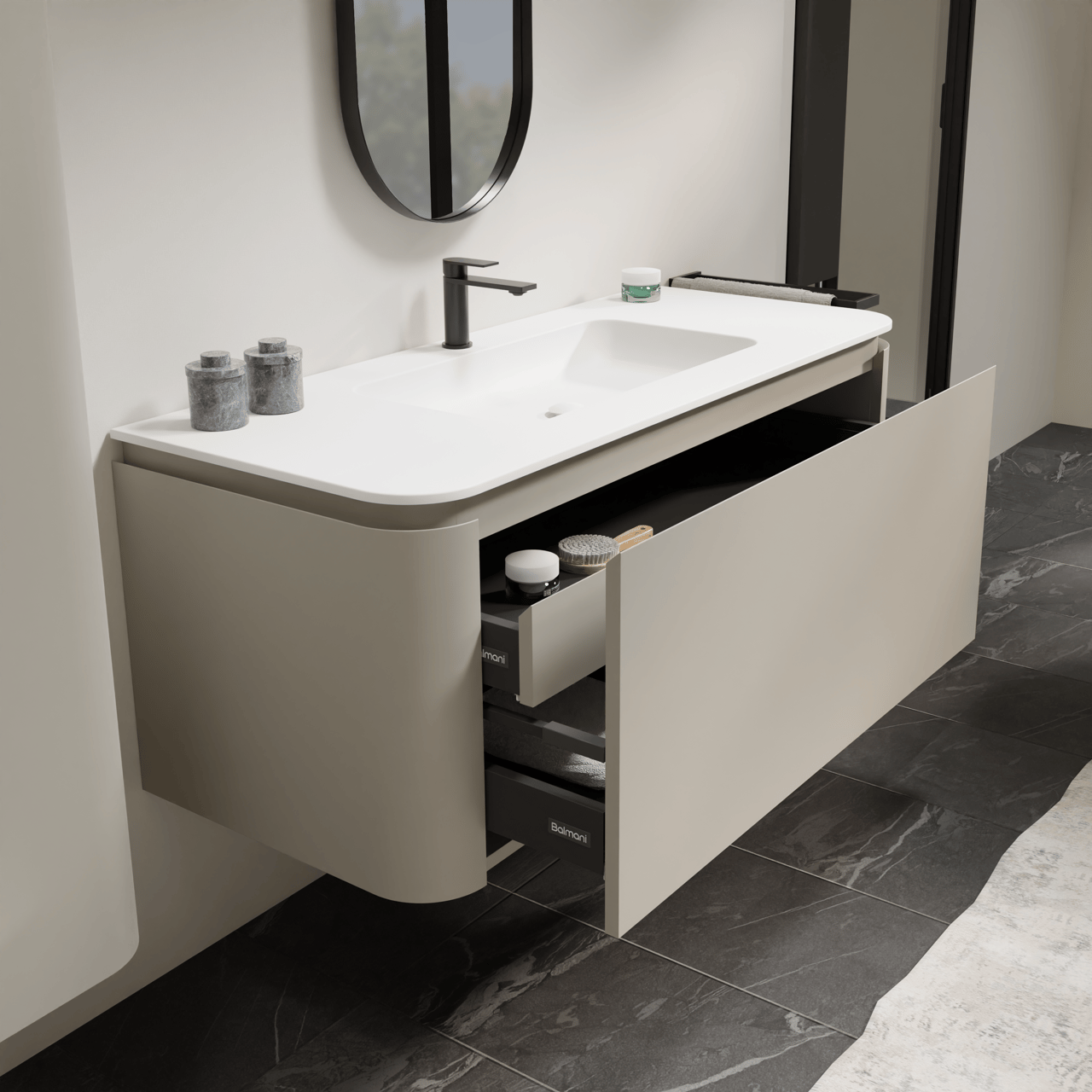 Balmani Moon zwevend badmeubel 130 x 55 cm zijdegrijs met Moon enkele wastafel in solid surface mat wit