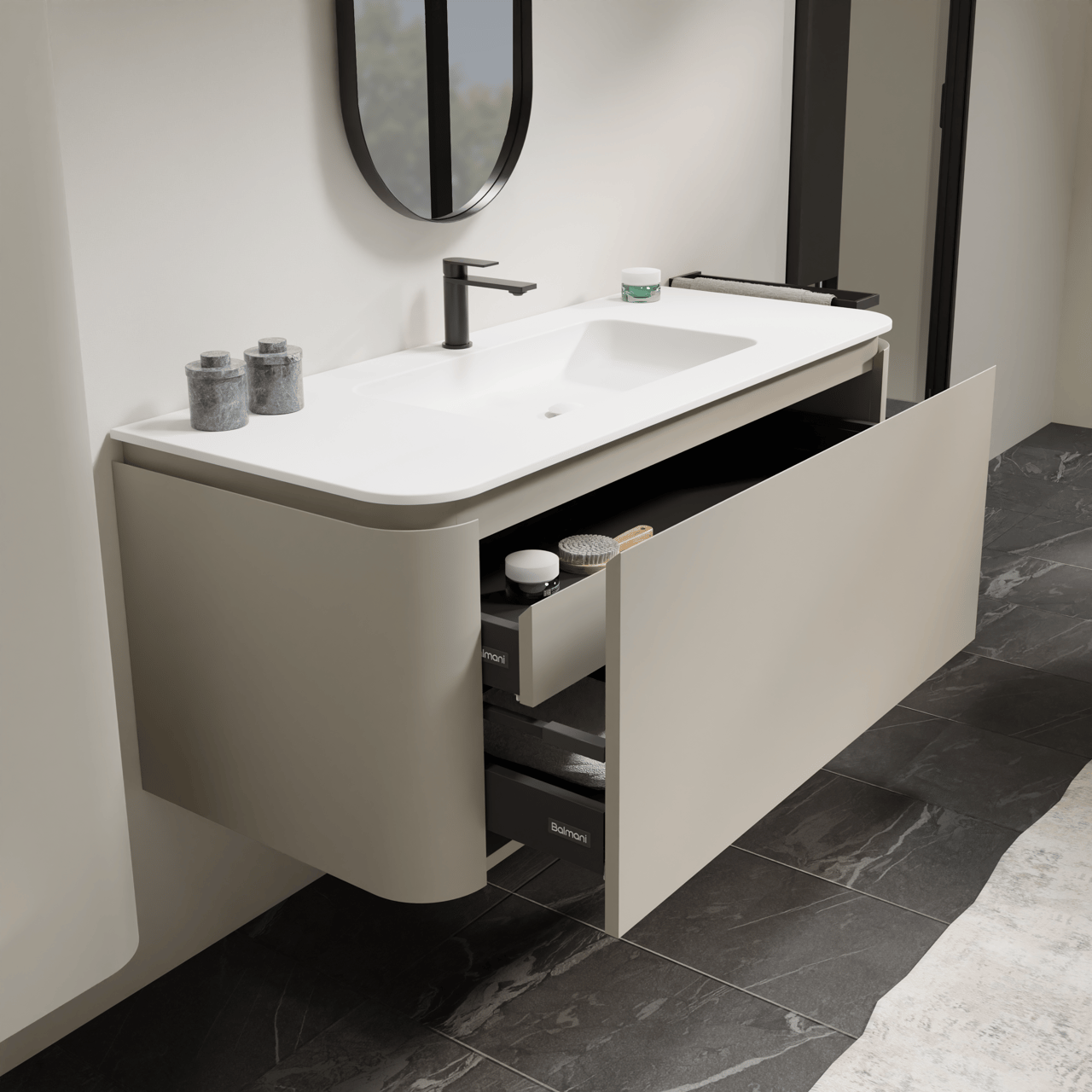 Balmani Moon hängendes Möbelstück Set: 130 x 55 cm, Seidengrau, mit Moon Einzelwaschtisch, Solid Surface Weiß matt