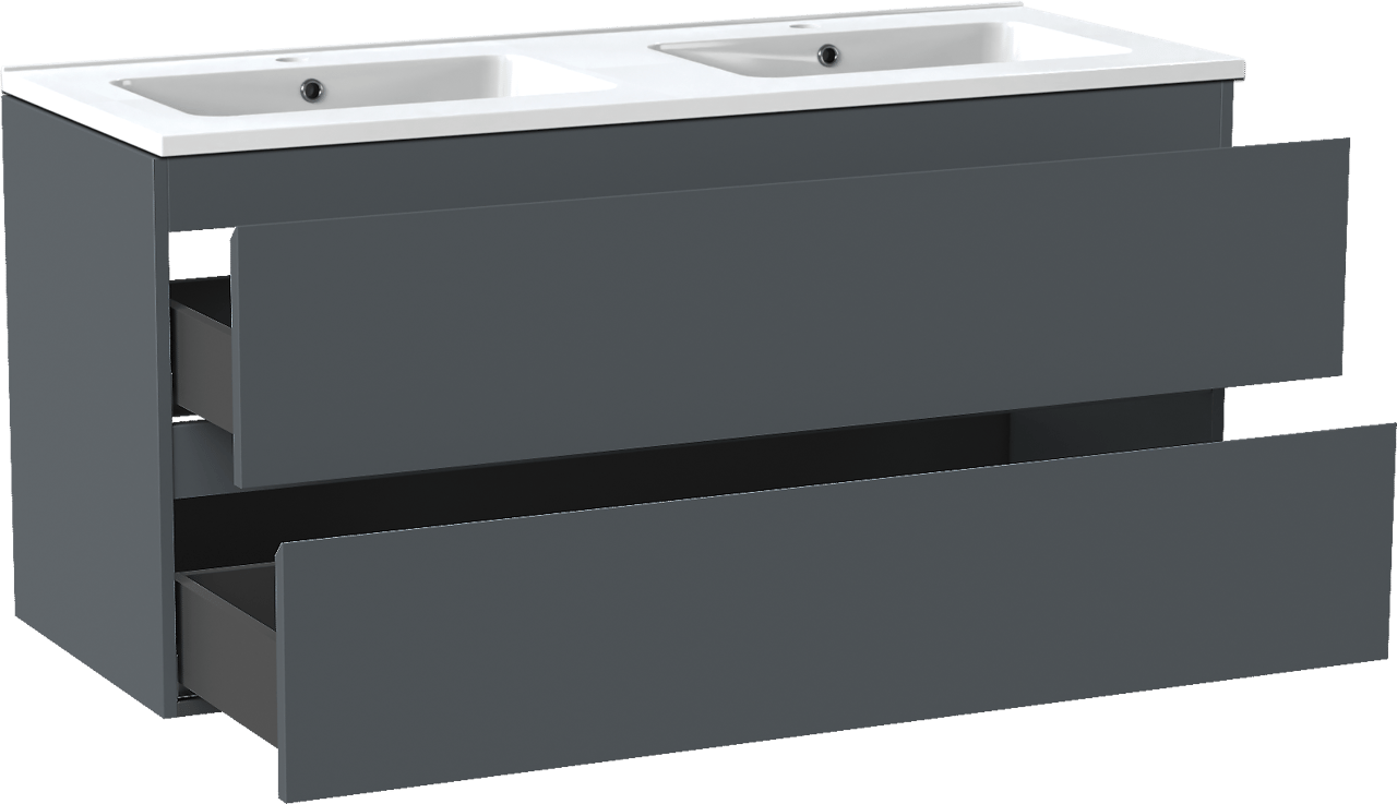 Linie Lado zwevend badmeubel 120 x 46 cm blauw antraciet met Vano dubbele wastafel in composietmarmer hoogglans wit