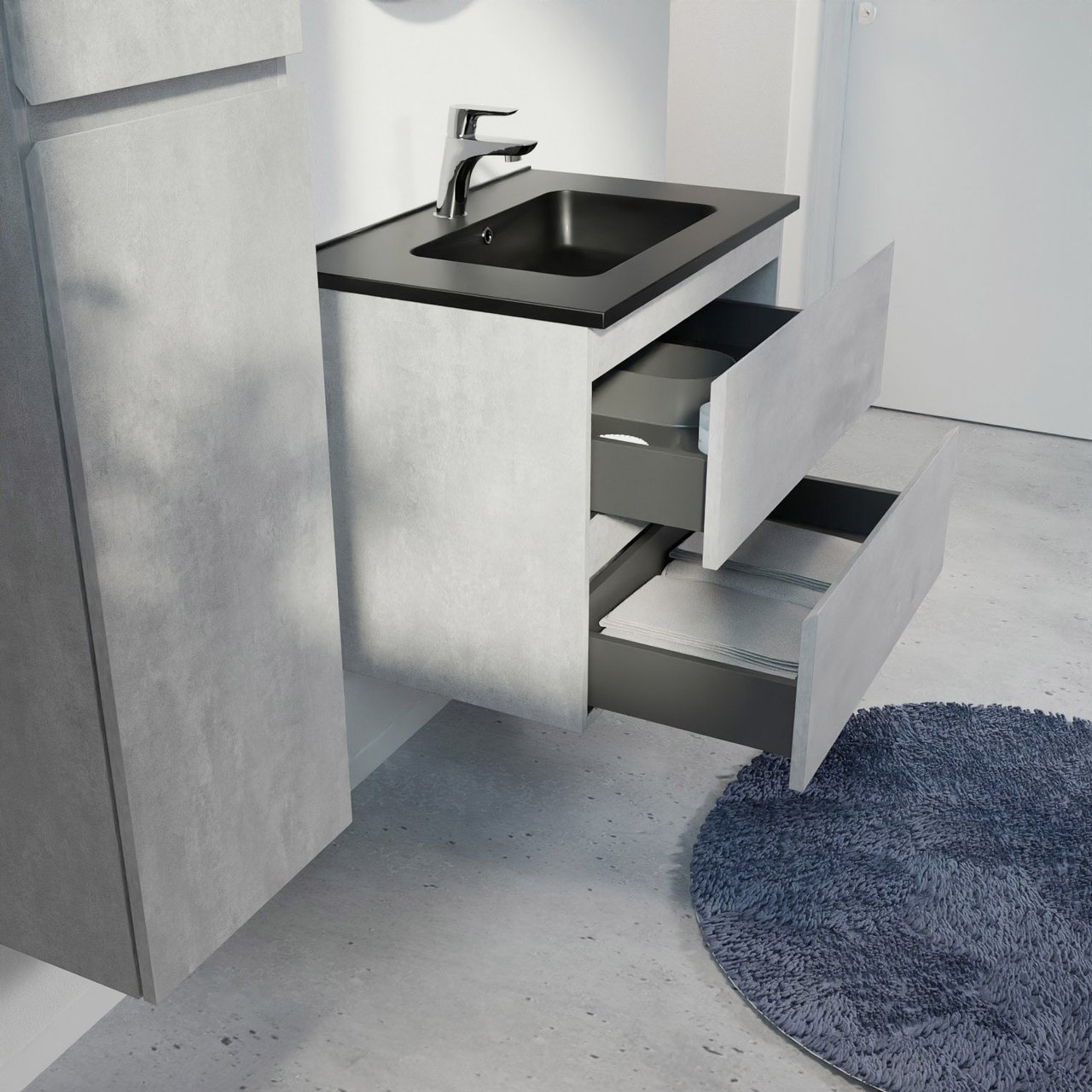 Linie Lado zwevend badkamermeubel 70 x 46 cm beton donkergrijs met Vano enkele wastafel in composietmarmer mat zwart