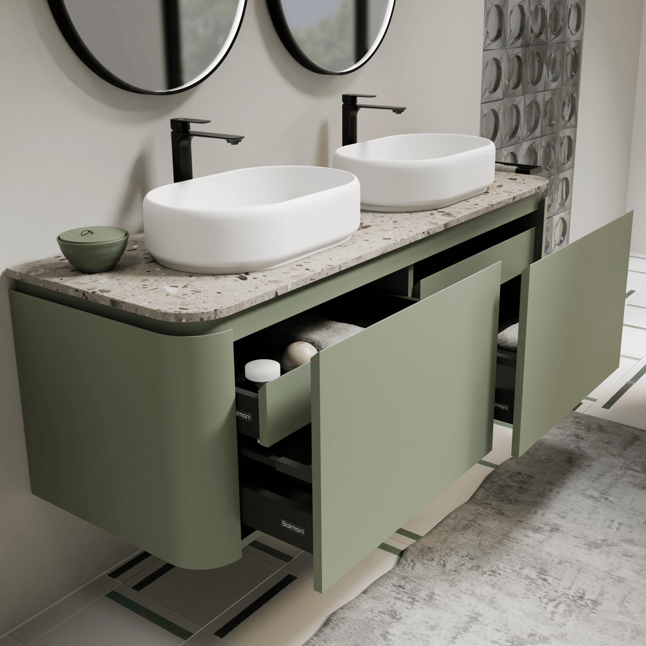 Balmani Moon hängendes Möbelstück Set: 160 x 55 cm, Salbeigrün, mit Moon Einzel- oder Doppel Waschtischplatte, Terrazzo in Greige