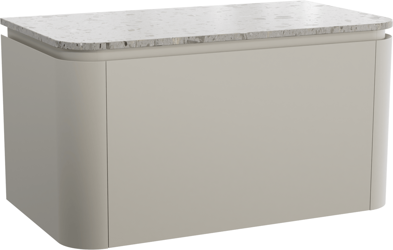 Balmani Moon hängendes Möbelstück Set: 100 x 55 cm, Seidengrau, mit Moon Einzel Waschtischplatte, Terrazzo in Greige