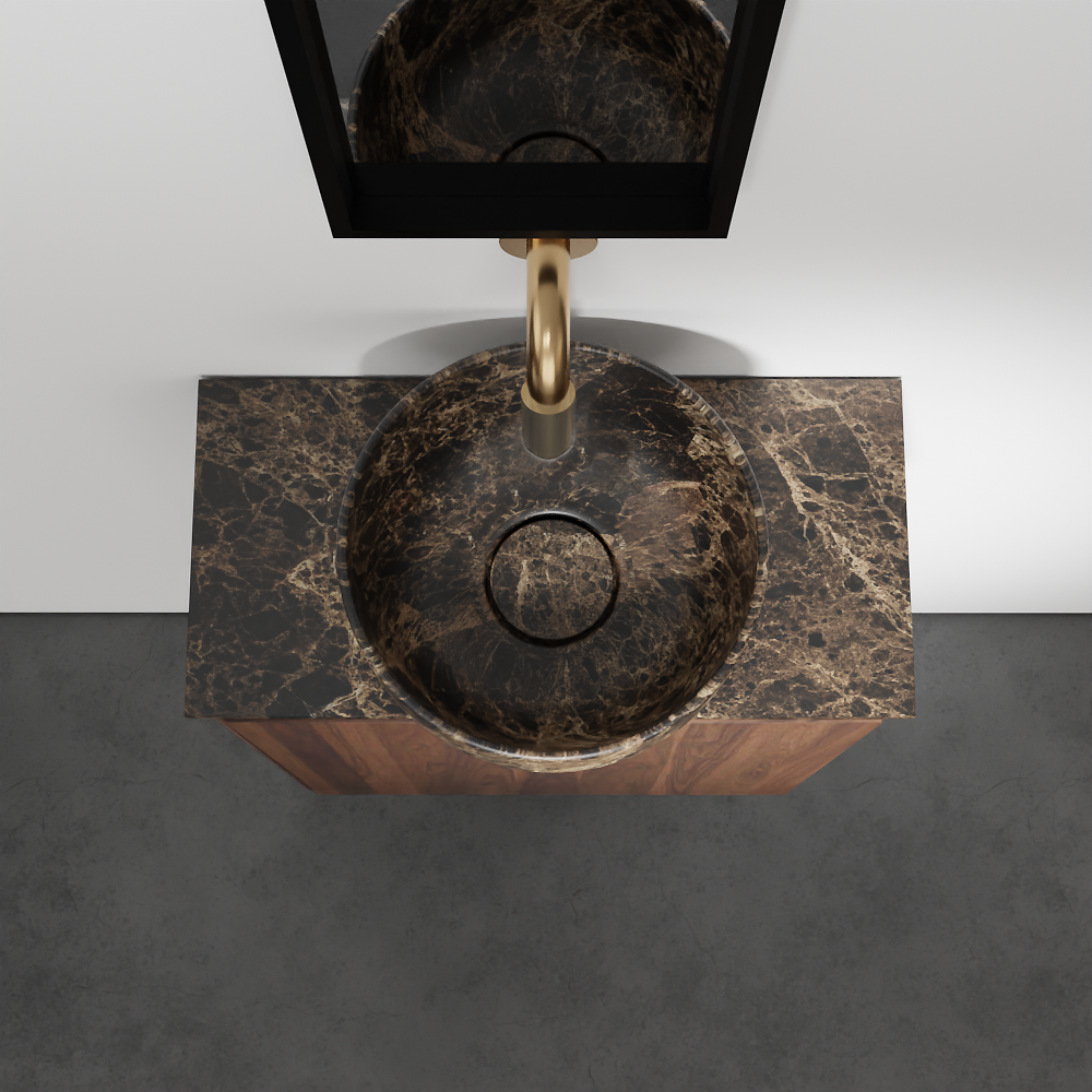 Balmani Mitra hängendes WC-Möbel-Set, 42 x 21 cm, amerikanischer Nussbaum, mit Facetta Waschtischplatte und Bowl Aufsatzbecken in Dark Emperador Marmor