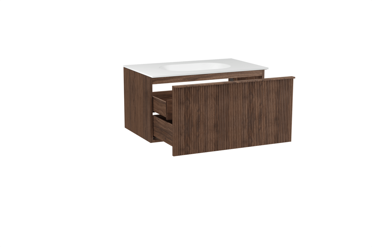 Balmani Forma meuble salle de bains suspendu 90 x 55 cm noyer américain avec Tablo Oval plan simple en solid surface blanc mat, Nervure droite symétrique verticale