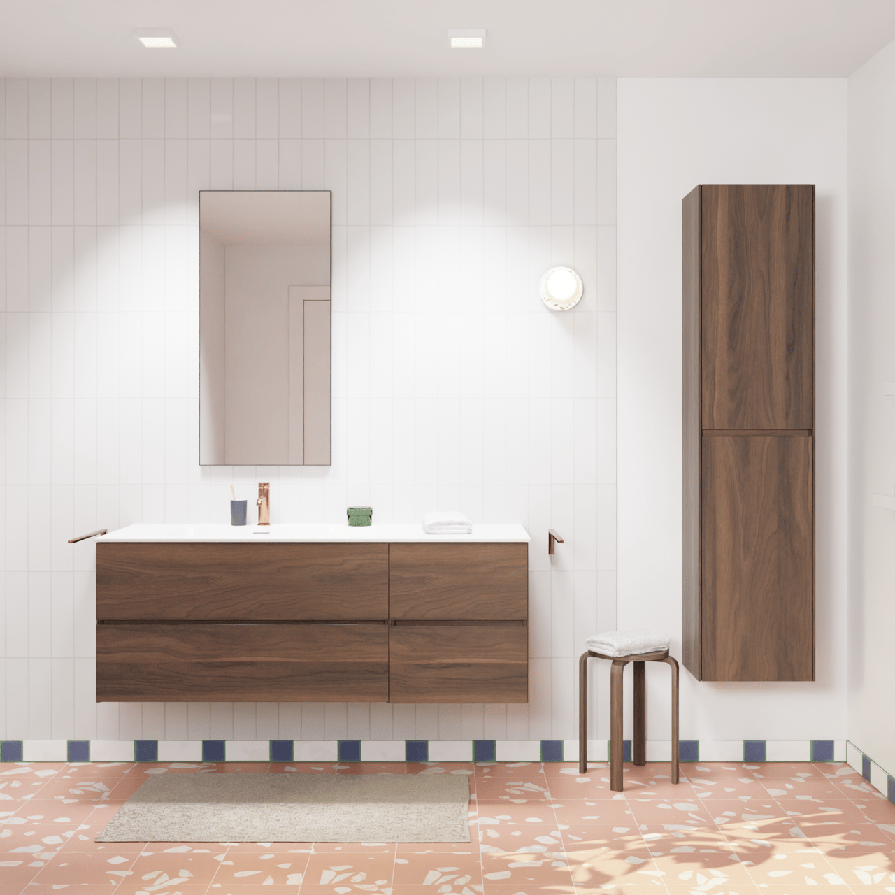 Storke Edge hängendes Möbelstück Set: 140 x 52 cm, Nussbaum, mit Mata Waschtisch links, Solid Surface Weiß matt