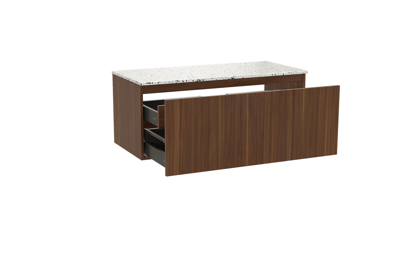 Balmani Sfera hängendes Möbelstück Set: 120 x 55 cm, Amerikanischer Nussbaum, mit Stretto Einzel- oder Doppel Waschtischplatte, Terrazzo in Weiß/Schwarz matt