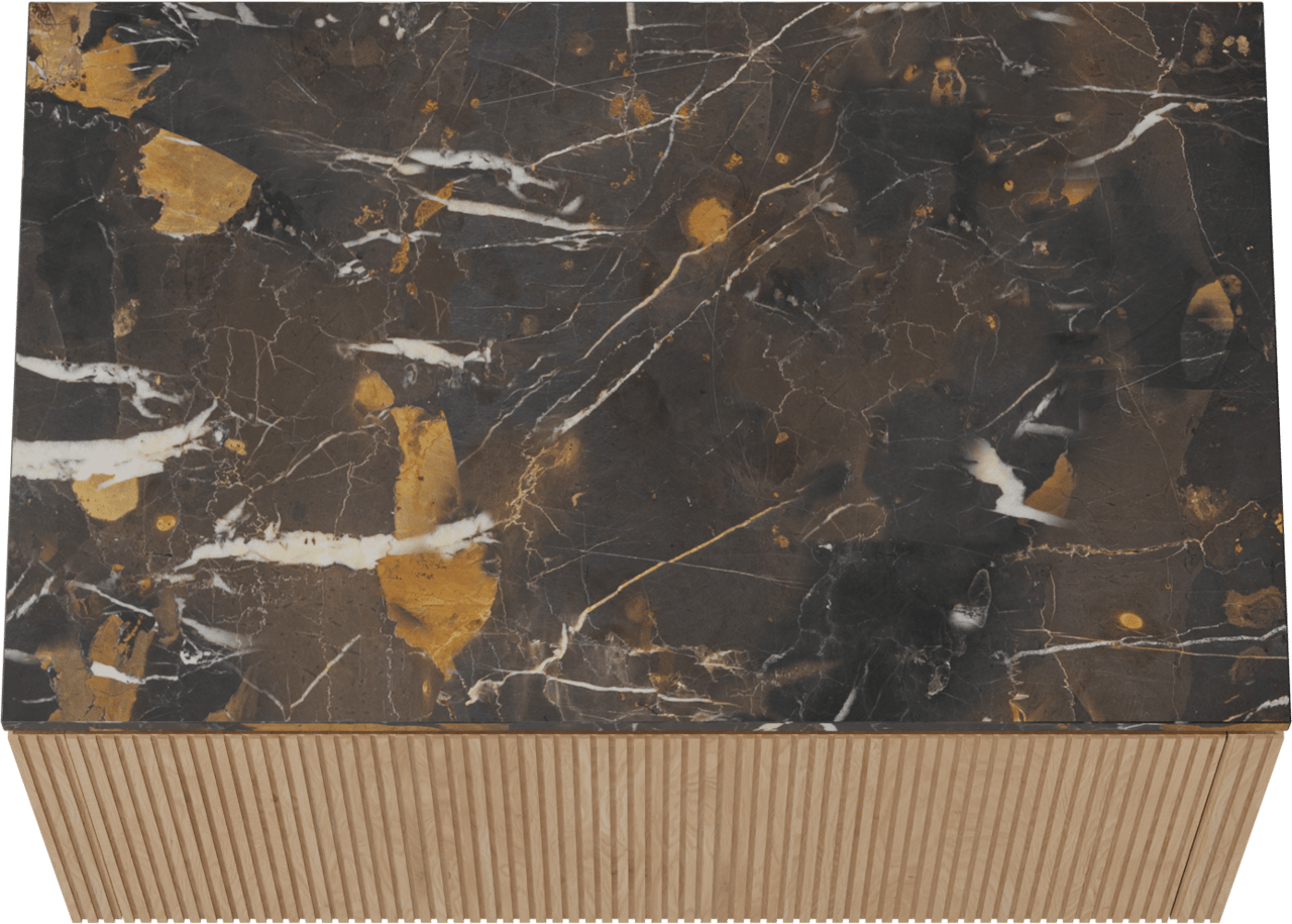 Balmani Eclips hängendes Möbelstück Set: 90 x 55 cm, Eiche Natur, mit Stretto Einzel Waschtischplatte Portoro Gold Marmor, Vertikale symmetrische gerade Rippe