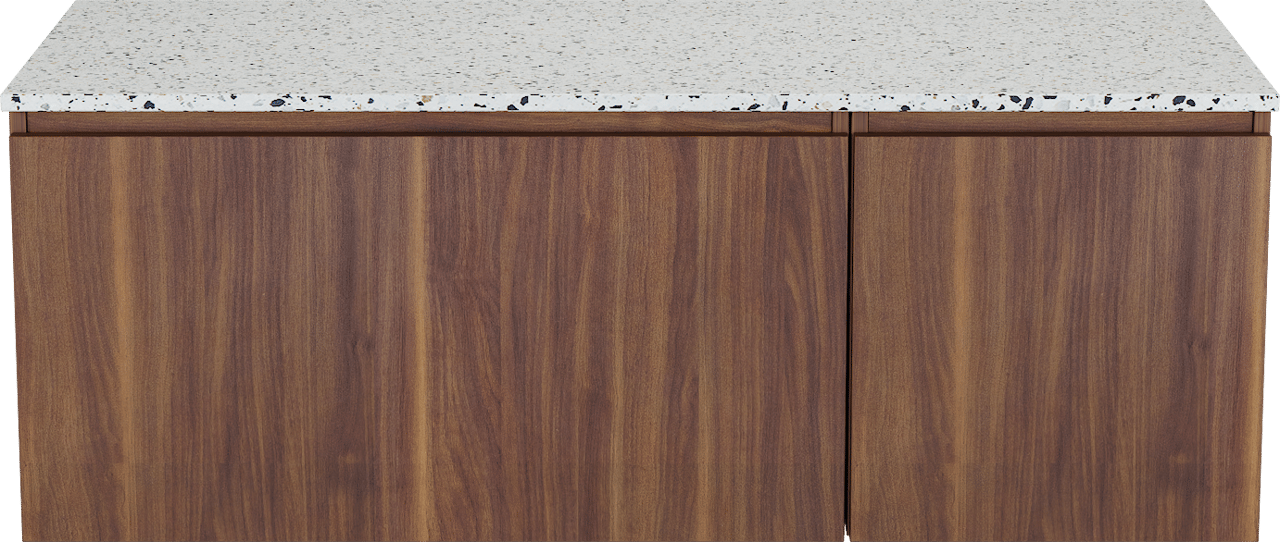 Balmani Sfera zwevend badkamermeubel 135 x 55 cm amerikaanse notelaar met Stretto enkel of dubbel tablet in mat wit/zwart terrazzo