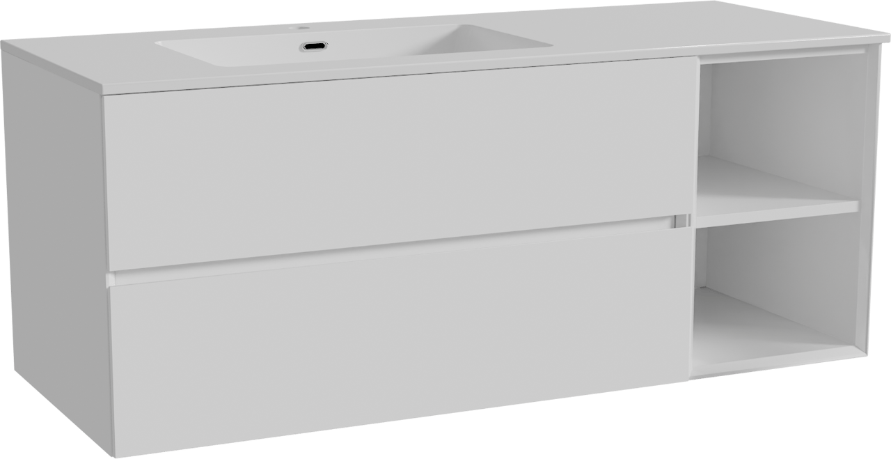 Storke Edge meuble salle de bains suspendu 130 x 52 cm blanc brillant avec Diva plan vasque asymétrique à gauche en marbre composite blanc brillant