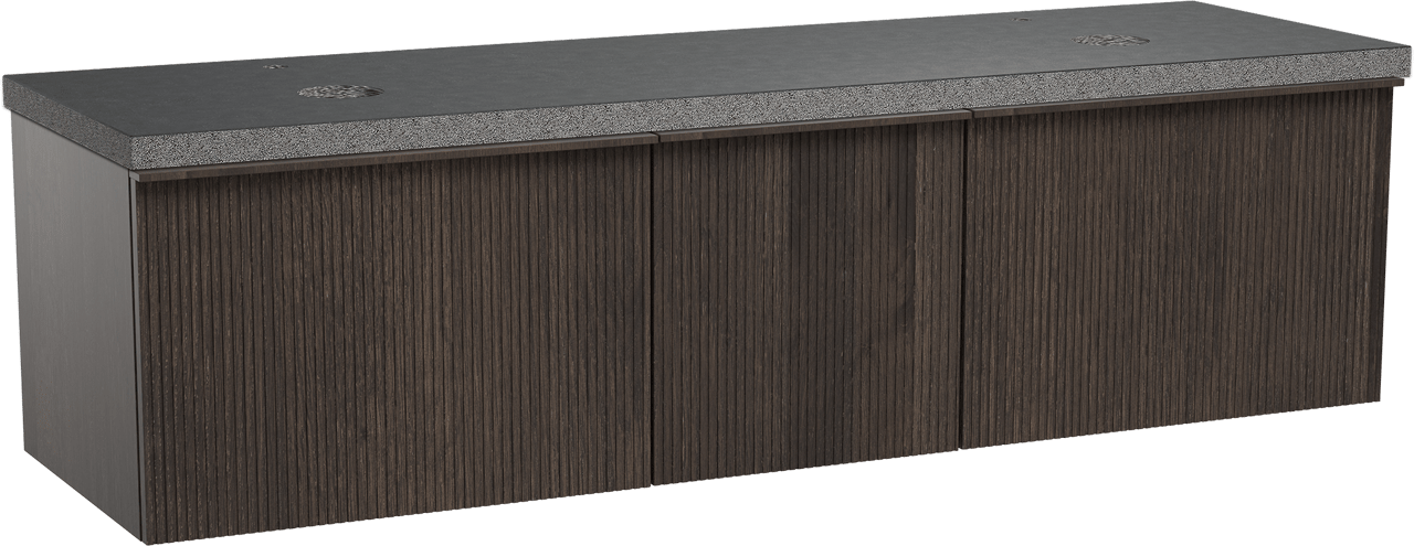 Balmani Forma hängendes Möbelstück Set: 180 x 55 cm, Geräucherte Eiche, mit Rock Doppel Waschtischplatte, Granit, Schwarzes Granit, Vertikale symmetrische gerade Rippe