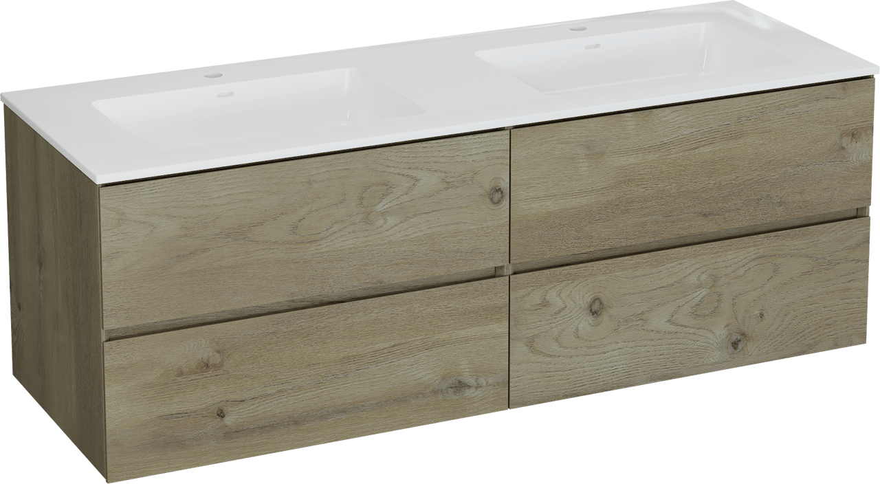 Storke Edge meuble salle de bains suspendu 150 x 52 cm chêne brut avec Bilia double vasque en marbre composite blanc brillant