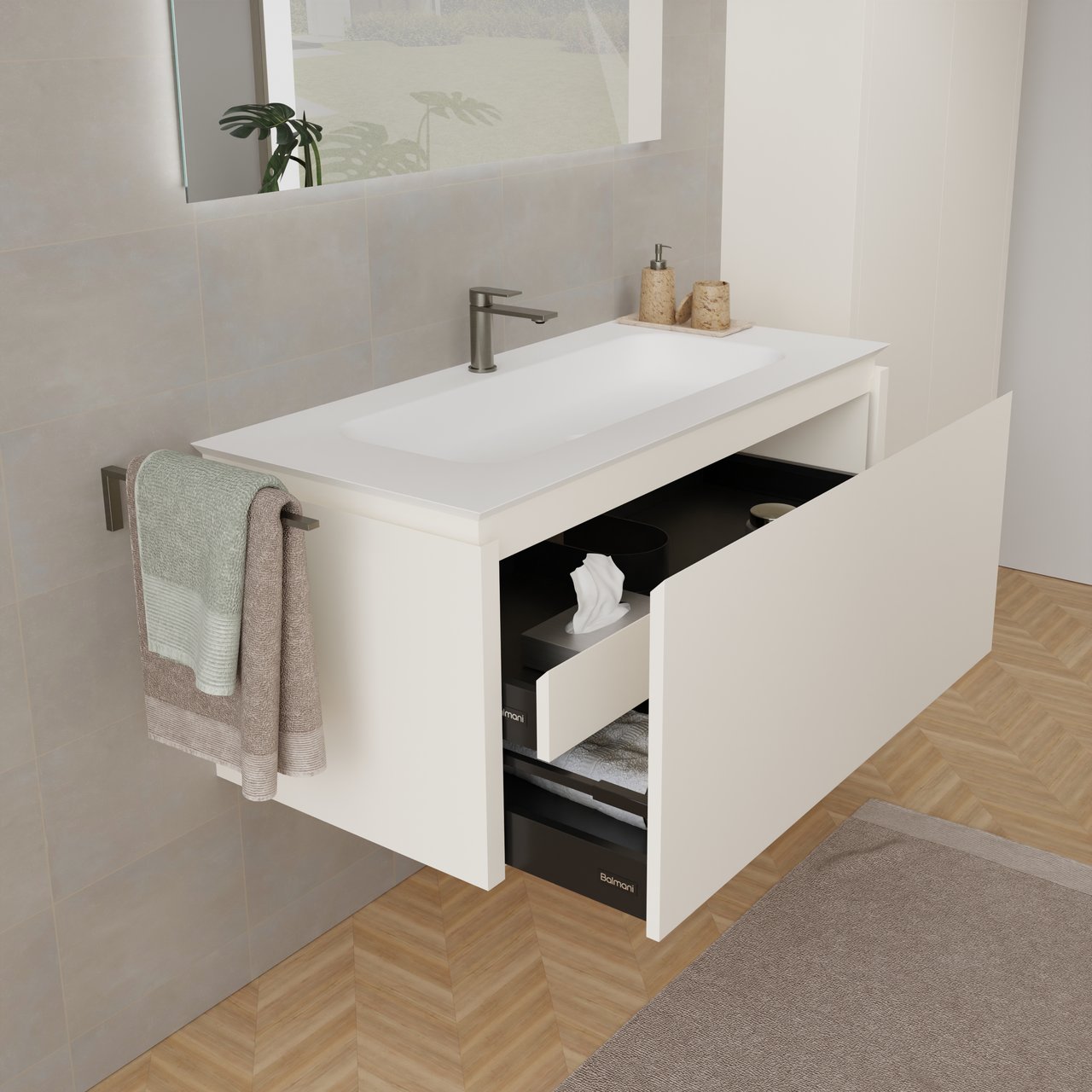 Balmani Eclips hängendes Möbelstück Set: 120 x 55 cm, Sandbeige, mit Eclips Einzelwaschtisch Solid Surface Weiβ matt