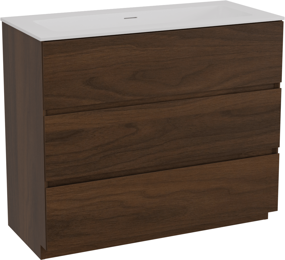 Storke Edge freistehendes Möbelstück Set: 100 x 46 cm, Nussbaum, mit Mata Einzelwaschtisch, Solid Surface Weiß matt