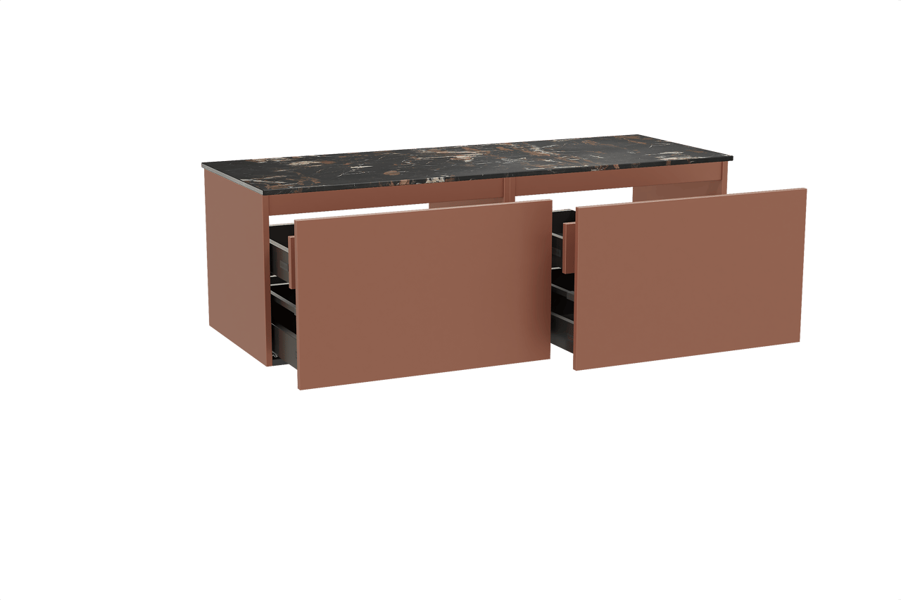 Balmani Sfera zwevend badkamermeubel 150 x 55 cm cotto met Stretto enkel of dubbel tablet in marmer portoro gold