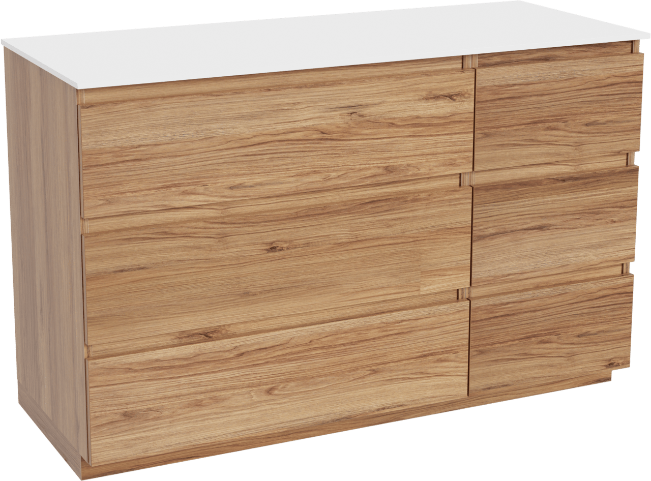 Balmani Lucida staand badkamermeubel 135 x 55 cm teak met Stretto enkel of dubbel tablet in solid surface mat wit