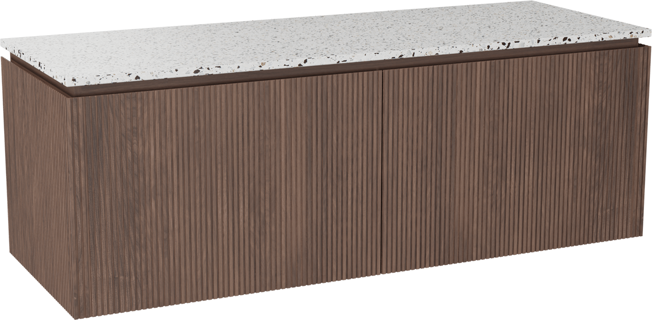 Balmani Eclips zwevend badkamermeubel 150 x 55 cm Amerikaanse notelaar met Stretto enkel of dubbel tablet in Bianco Nero Terrazzo, Verticale symmetrische rechte ribbel