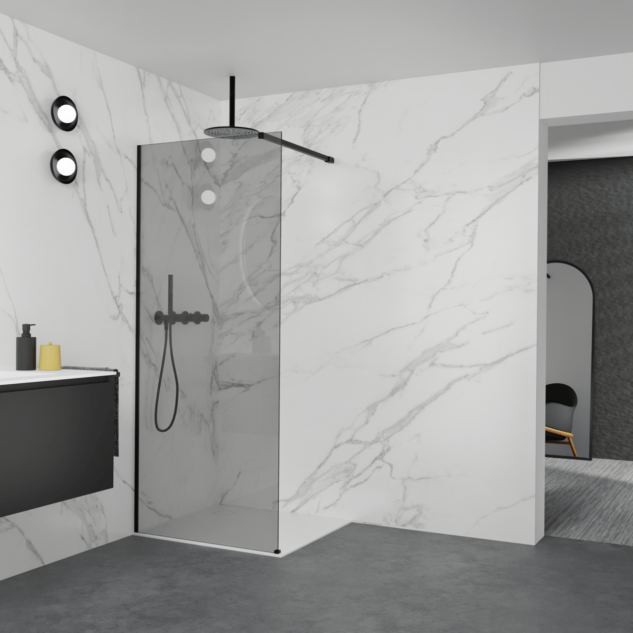 Balmani Modular inloopdouche: 90 x 200 cm, Rookglas met coating, Mat zwarte profielen