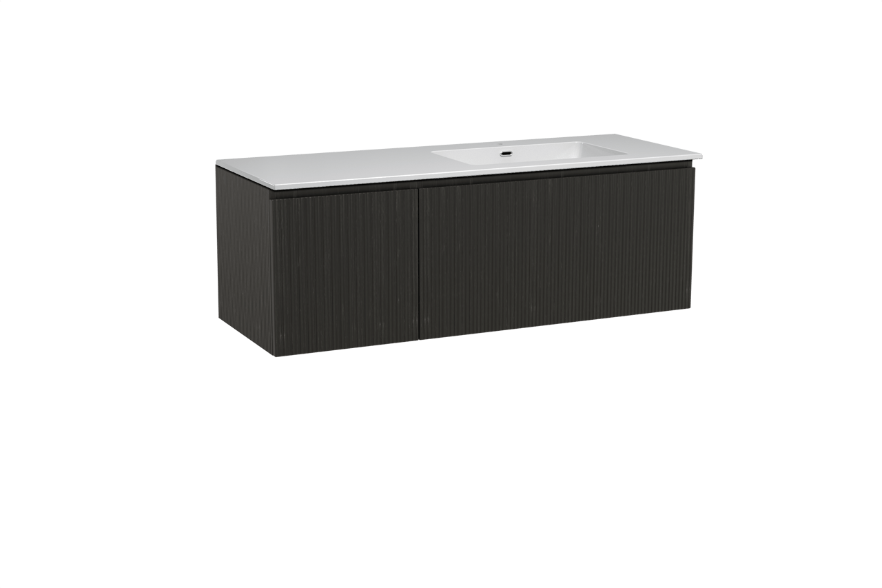 Storke Ribs zwevend badmeubel 140 x 52 cm zwart eiken met Diva asymmetrisch rechtse wastafel in composietmarmer hoogglans wit, Verticale asymmetrische rechte ribbel