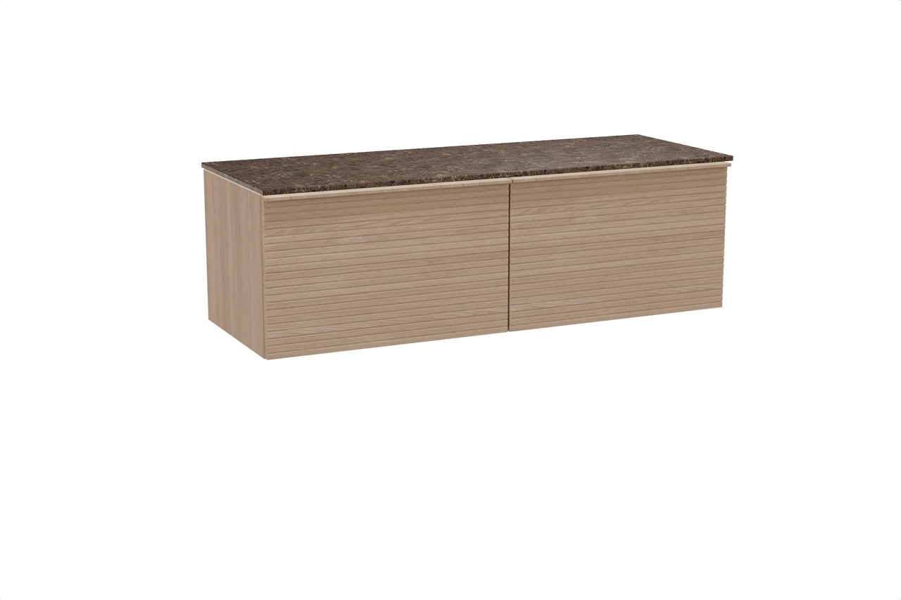 Balmani Forma hängendes Möbelstück Set: 150 x 55 cm, Naturbelassene Eiche, mit Stretto Einzel- oder Doppel Waschtischplatte, Marmor, Dark Emperador, Horizontale symmetrische gerade Rippe