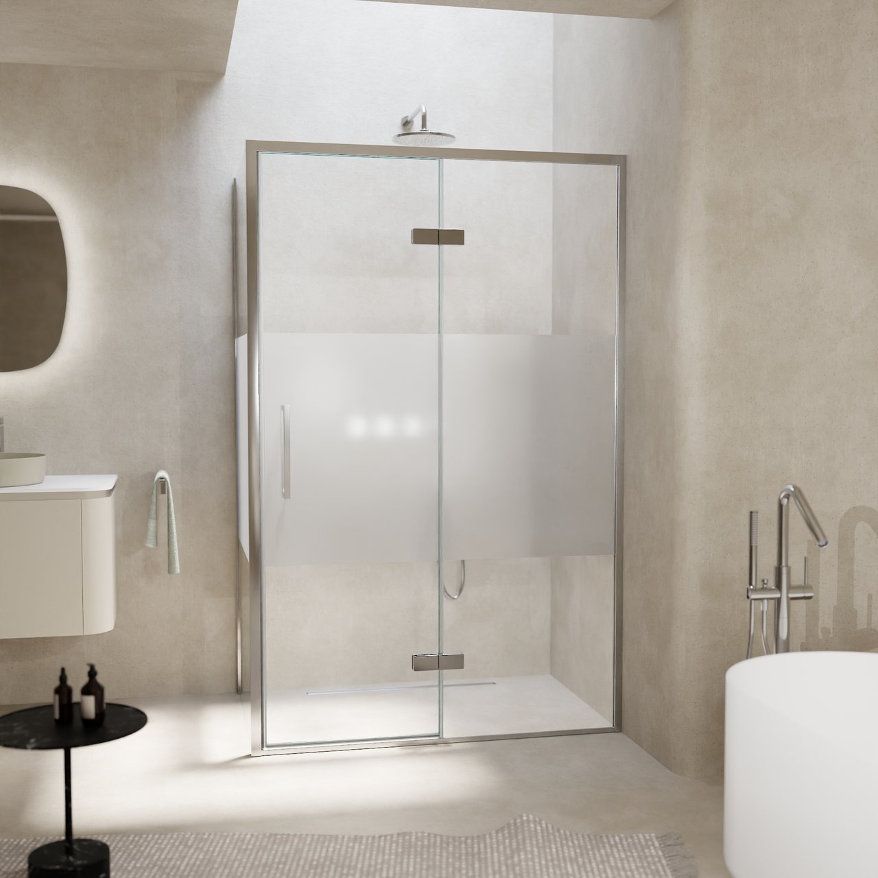 Balmani Senses Design douche d'angle avec porte pivotante à droite et paroi latérale fixe, 120 x 80 cm, Verre transparent avec bande mate, Profil chrome