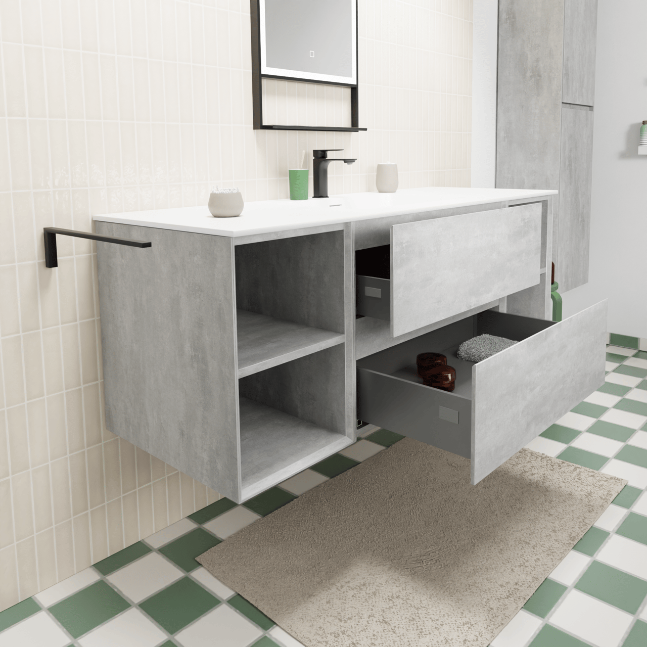 Storke Edge meuble salle de bains suspendu 145 x 52 cm béton gris foncé avec Mata plan simple en solid surface blanc mat