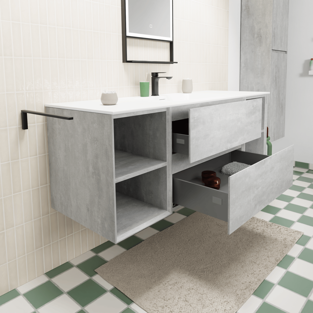 Storke Edge meuble salle de bains suspendu 145 x 52 cm béton gris foncé avec Mata plan simple en solid surface blanc mat
