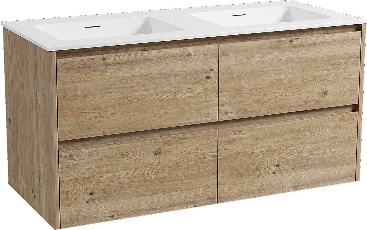 Storke Seda zwevend badkamermeubel 120 x 52 cm ruwe eik met Mata dubbele wastafel in solid surface mat wit