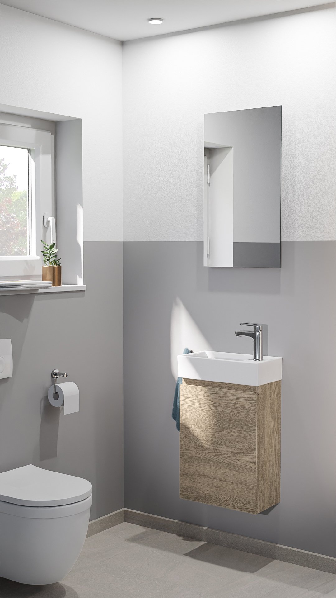 Linie Lado zwevend toiletmeubel 40 x 22 cm grijze eik met Baro wastafel in glanzend witte keramiek