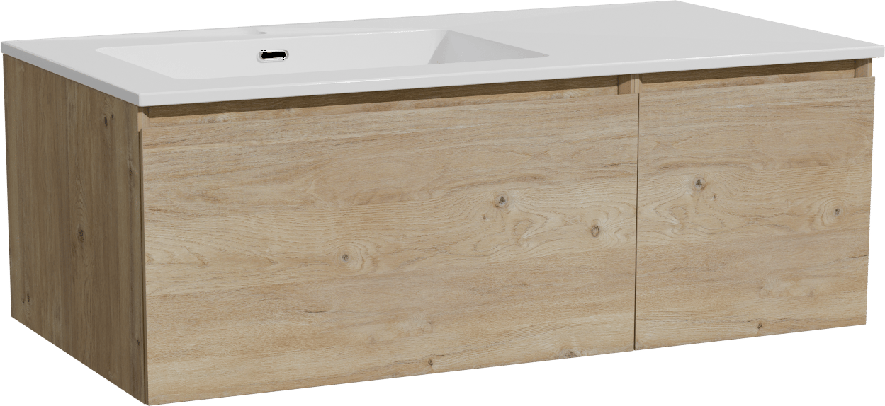 Storke Edge meuble salle de bains suspendu 100 x 52 cm chêne brut avec Diva plan vasque asymétrique à gauche en marbre composite blanc brillant