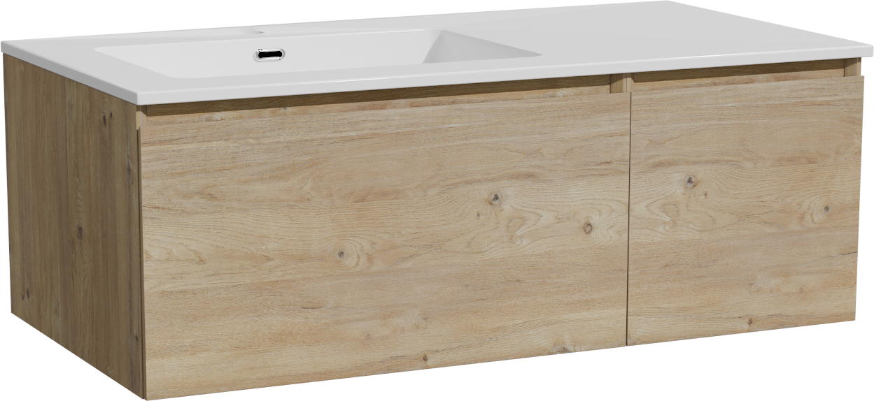 Storke Edge meuble salle de bains suspendu 100 x 52 cm chêne brut avec Diva plan vasque asymétrique à gauche en marbre composite blanc brillant