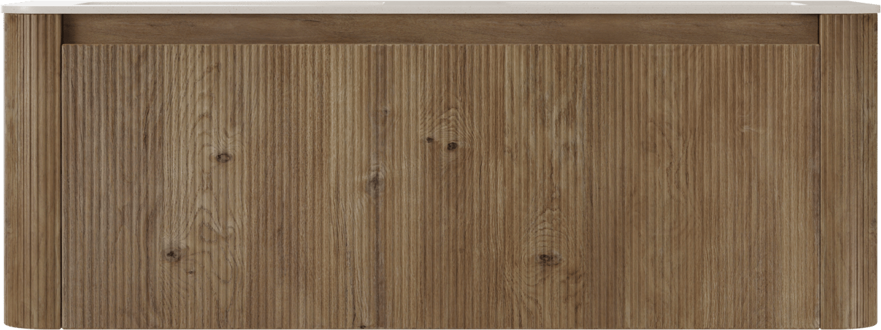 Storke Soft zwevend badmeubel 140 x 46 cm ruw eiken met Mata Soft dubbele wastafel in solid surface beige granita, Verticale symmetrische rechte ribbel