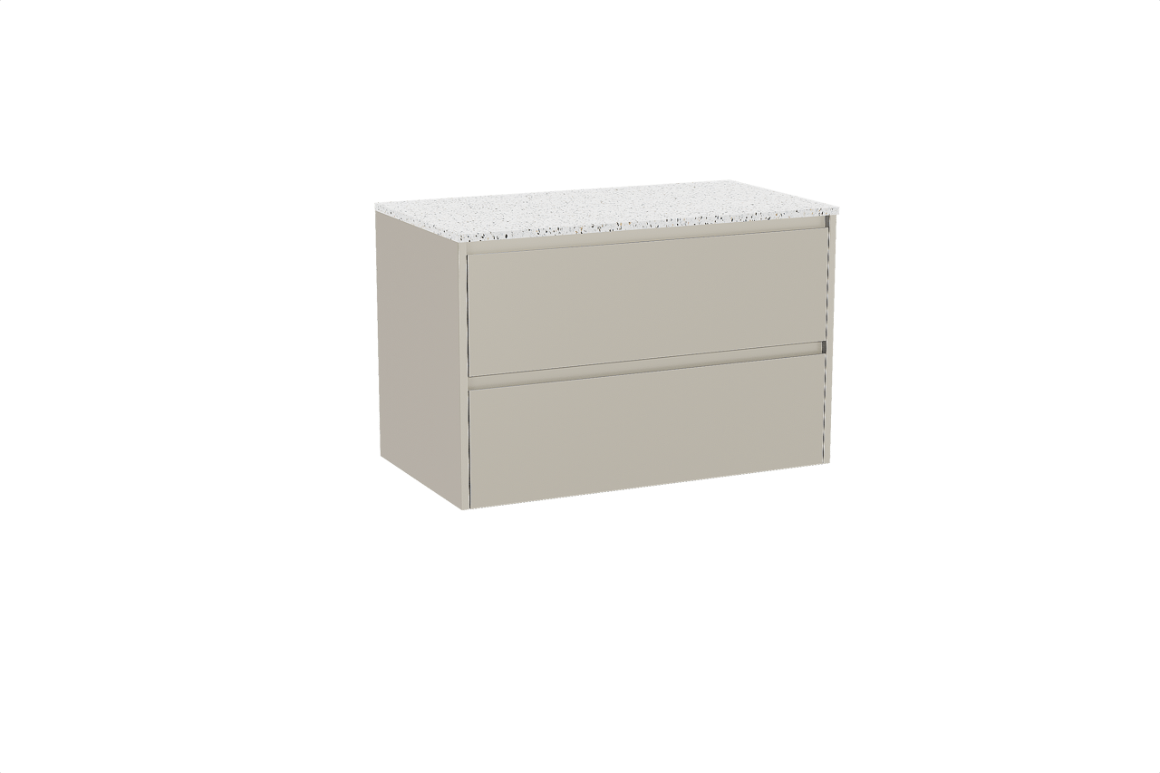 Storke Seda zwevend badkamermeubel 95 x 52 cm zijdegrijs met Tavola enkel tablet in mat wit/zwart terrazzo