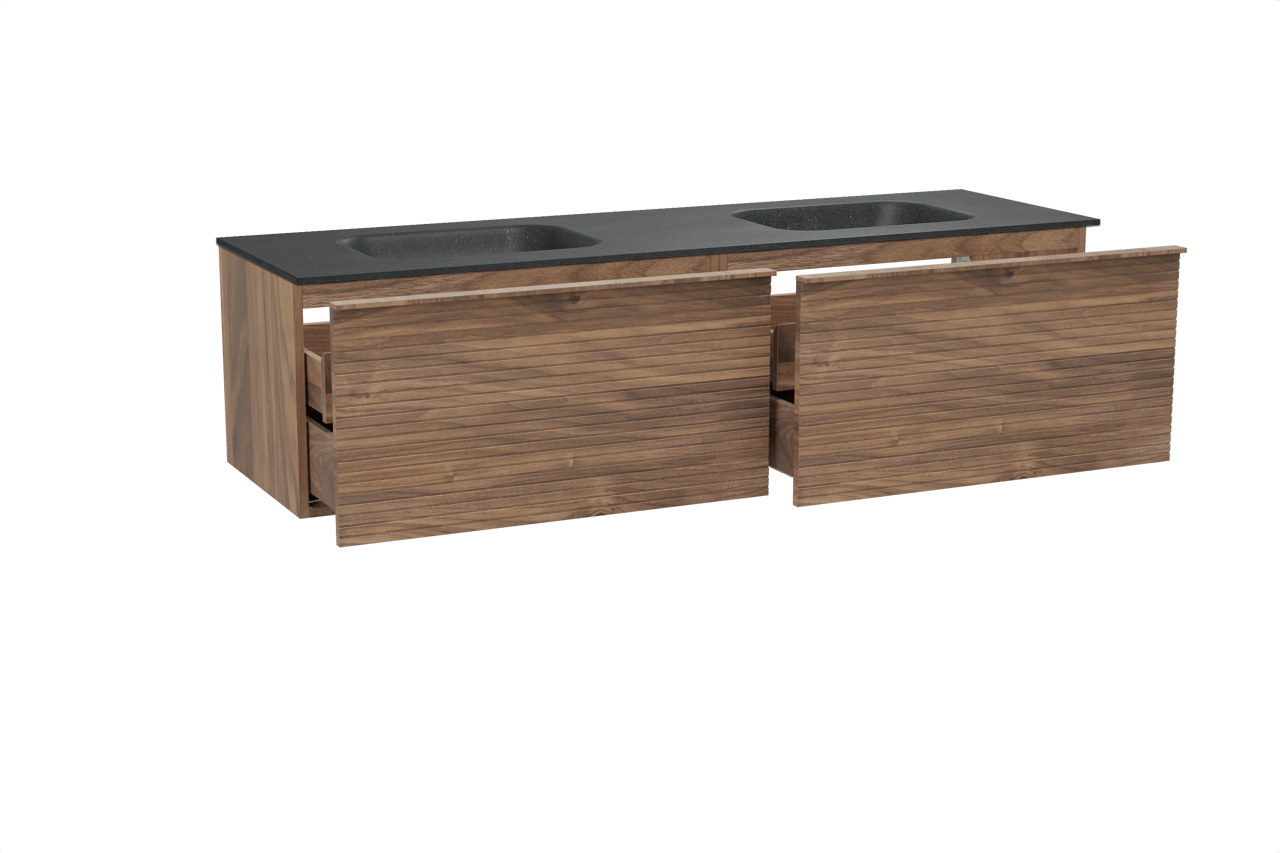 Balmani Forma hängendes Möbelstück Set: 180 x 55 cm, Amerikanischer Nussbaum, mit Tablo Arcato Doppelwaschtisch, Granit, Schwarzes Granit, Horizontale symmetrische gerade Rippe