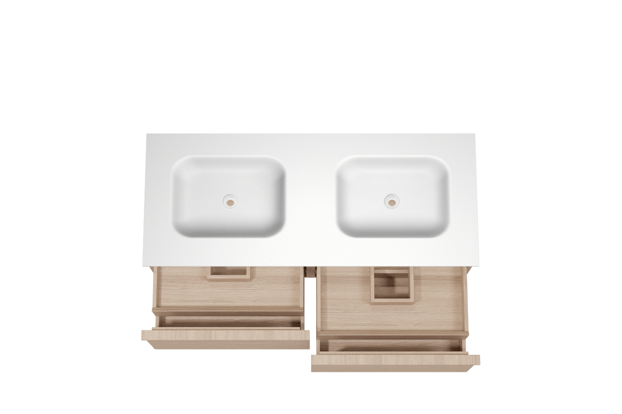 Balmani Forma zwevend badkamermeubel 135 x 55 cm natuur eik met Tablo Arcato dubbele wastafel in solid surface mat wit, Horizontale symmetrische rechte ribbel