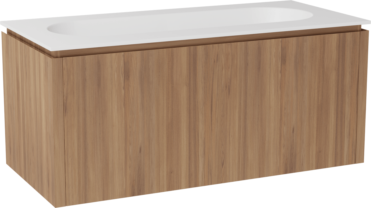 Balmani Eclips hängendes Möbelstück Set: 120 x 55 cm, Teak, mit Tablo Oval Einzelwaschtisch mit 2 Bohrungen Solid Surface Weiβ matt