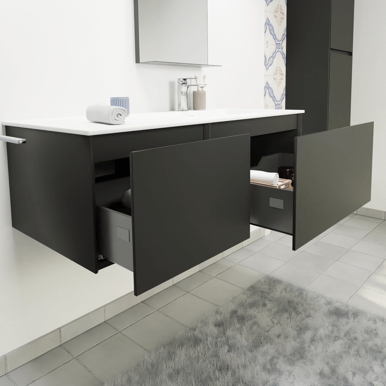 Storke Edge meuble salle de bains suspendu 110 x 52 cm noir mat avec Mata plan vasque asymétrique à droite en solid surface blanc mat