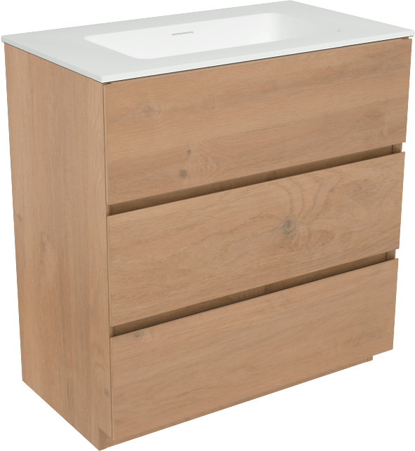 Storke Edge staand badmeubel 80 x 46 cm ruw eiken met Mata enkele wastafel in solid surface mat wit