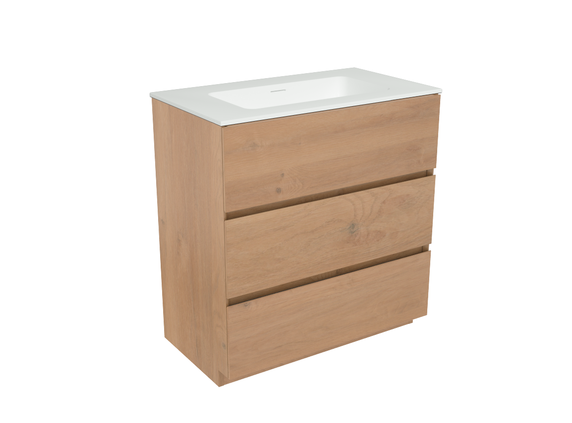 Storke Edge freistehendes Möbelstück Set: 80 x 46 cm, Rohe Eiche, mit Mata Einzelwaschtisch, Solid Surface Weiß matt