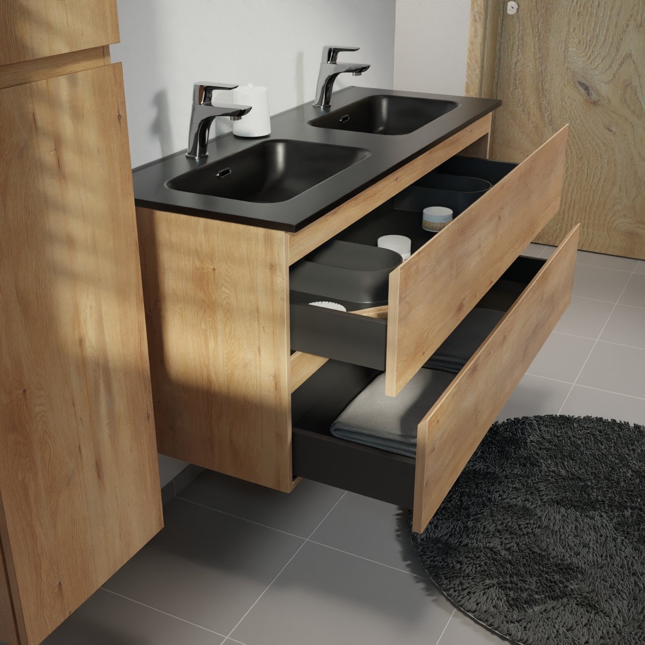 Linie Lado meuble salle de bains suspendu 120 x 46 cm chêne naturel avec Baro double vasque en porcelaine noir mat