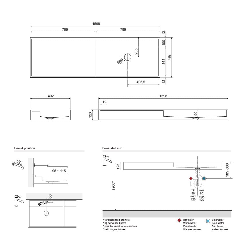 Balmani Cubo plan vasque asymétrique à droite mat Solid Surface 160 x 49 cm