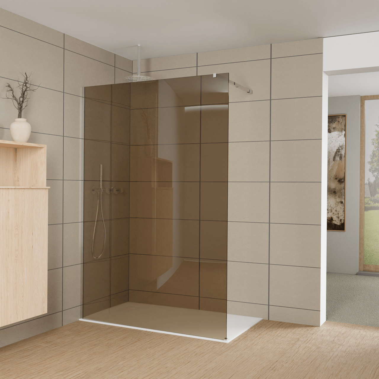 Balmani Modular Walk-In Dusche: 140 x 200 cm, Bronze Glas, Profil Chrom glänzend