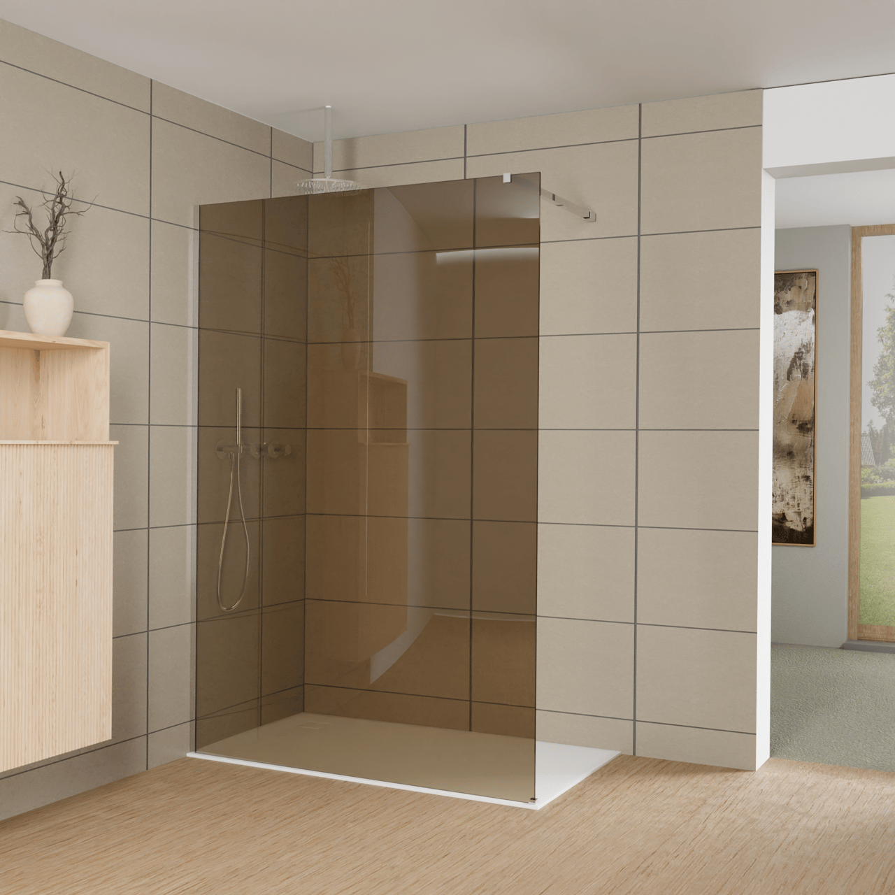 Balmani Modular inloopdouche: 140 x 200 cm, Brons glas, Glanzend chroom profielen