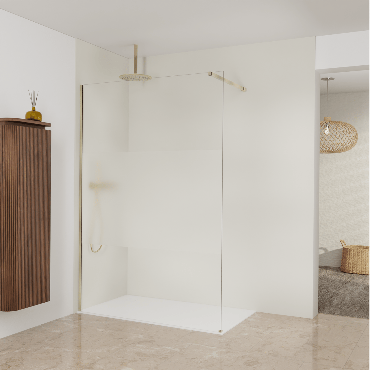 Balmani Modular inloopdouche: 140 x 200 cm, Helder glas met matte strook met coating, Brushed Champagne Gold profielen