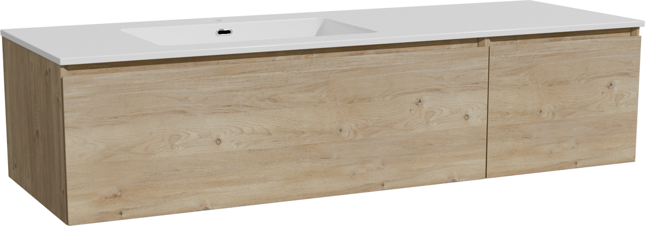 Storke Edge zwevend badmeubel 150 x 52 cm ruw eiken met Diva asymmetrisch linkse wastafel in composietmarmer hoogglans wit