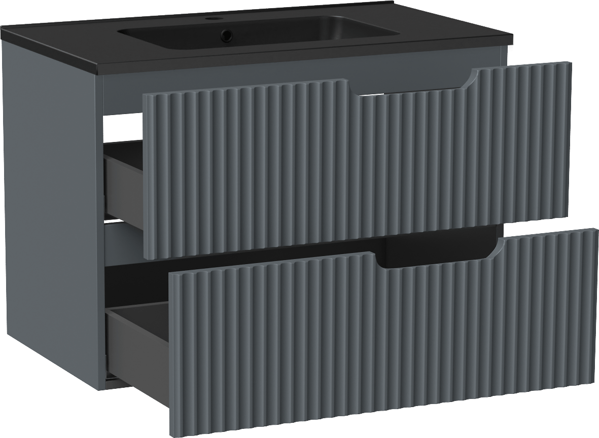 Linie Ribbo zwevend badmeubel 80 x 46 cm blauw antraciet met Vano enkele wastafel in composietmarmer mat zwart, Verticale symmetrische ronde ribbel