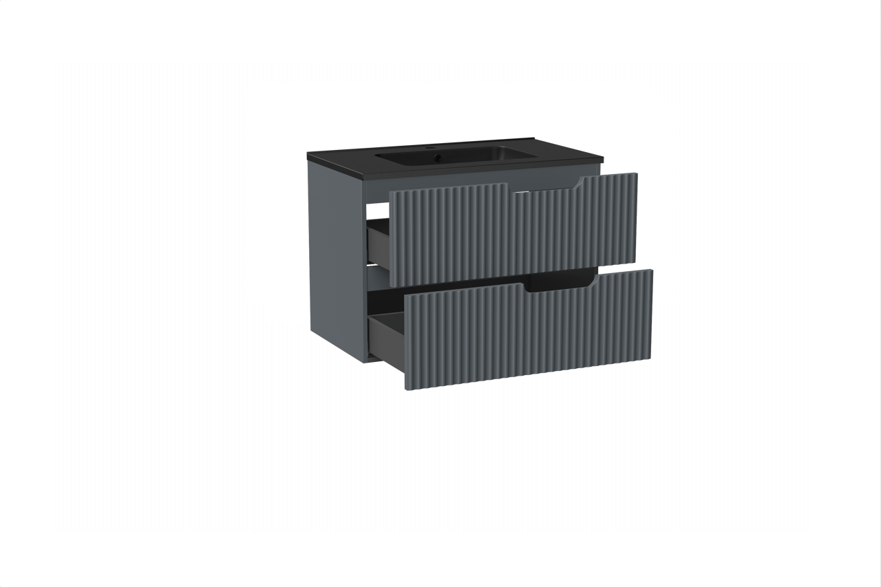 Linie Ribbo hängendes Möbelstück Set: 80 x 46 cm, Anthrazitblau, mit Vano Einzelwaschtisch, Marmorkomposit, Schwarz matt, Vertikale symmetrische runde Rippe