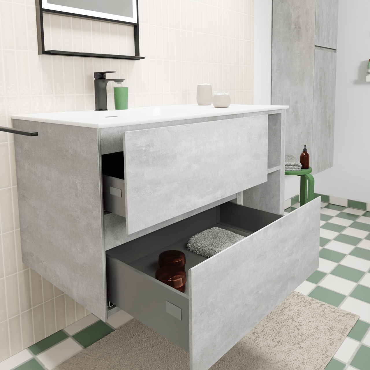 Storke Edge meuble salle de bains suspendu 100 x 52 cm béton gris foncé avec Mata plan vasque asymétrique à gauche en solid surface blanc mat