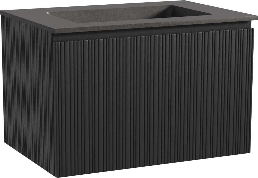 Storke Ribs zwevend badmeubel 75 x 52 cm zwart eiken met Scuro enkele wastafel in kwarts mat zwart, Verticale asymmetrische rechte ribbel