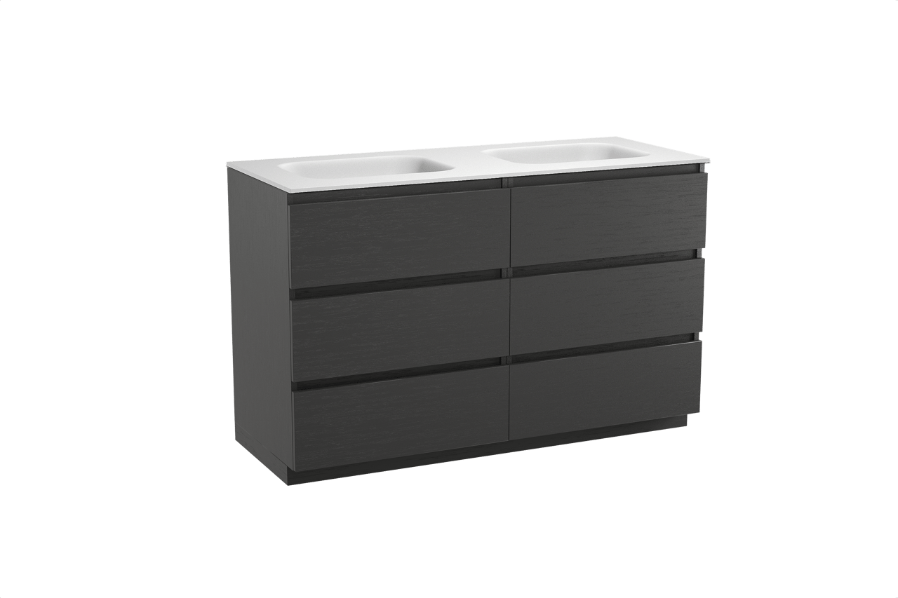 Balmani Lucida staand badkamermeubel 135 x 55 cm zwarte eik met Tablo Arcato dubbele wastafel in solid surface mat wit