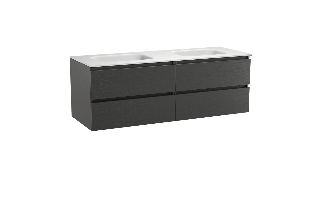 Balmani Lucida hängendes Möbelstück Set: 150 x 55 cm, Schwarze Eiche, mit Tablo Arcato Doppelwaschtisch, Solid Surface Weiß matt